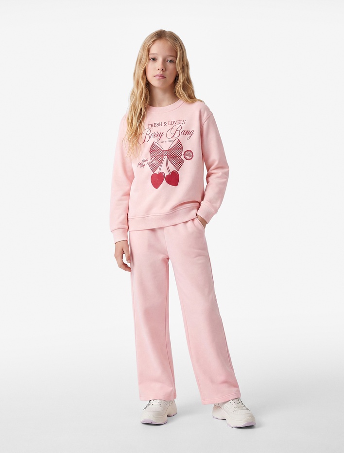Kız Çocuk Üç İplik Uzun Kollu Bisiklet Yaka Simli Kalpli Fiyonk Baskılı Sweatshirt