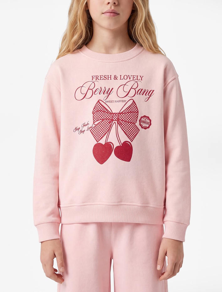 Kız Çocuk Üç İplik Uzun Kollu Bisiklet Yaka Simli Kalpli Fiyonk Baskılı Sweatshirt