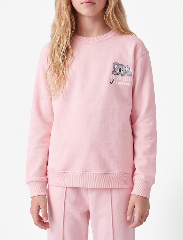Kız Çocuk Üç İplik Şardonlu Bisiklet Yaka Uzun Kollu Koala Baskılı Sweatshirt