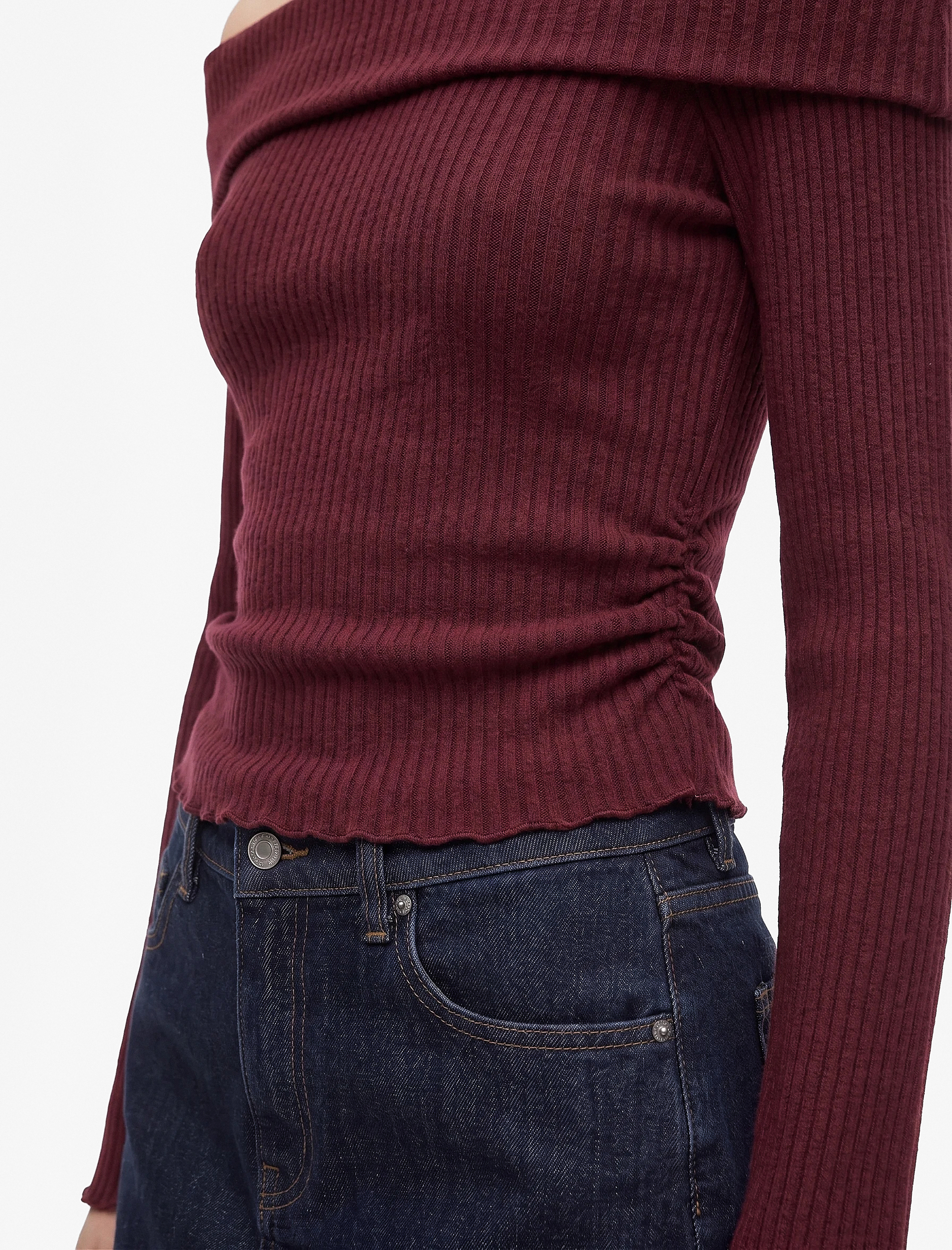 Koton Büzgü Detaylı Slim Fit Kaşkorse Omzu Açık Uzun Kollu Tişört görsel 4