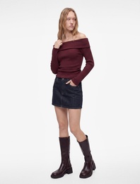 Büzgülü Slim Fit Kaşkorse Omzu Açık Uzun Kollu Tişört