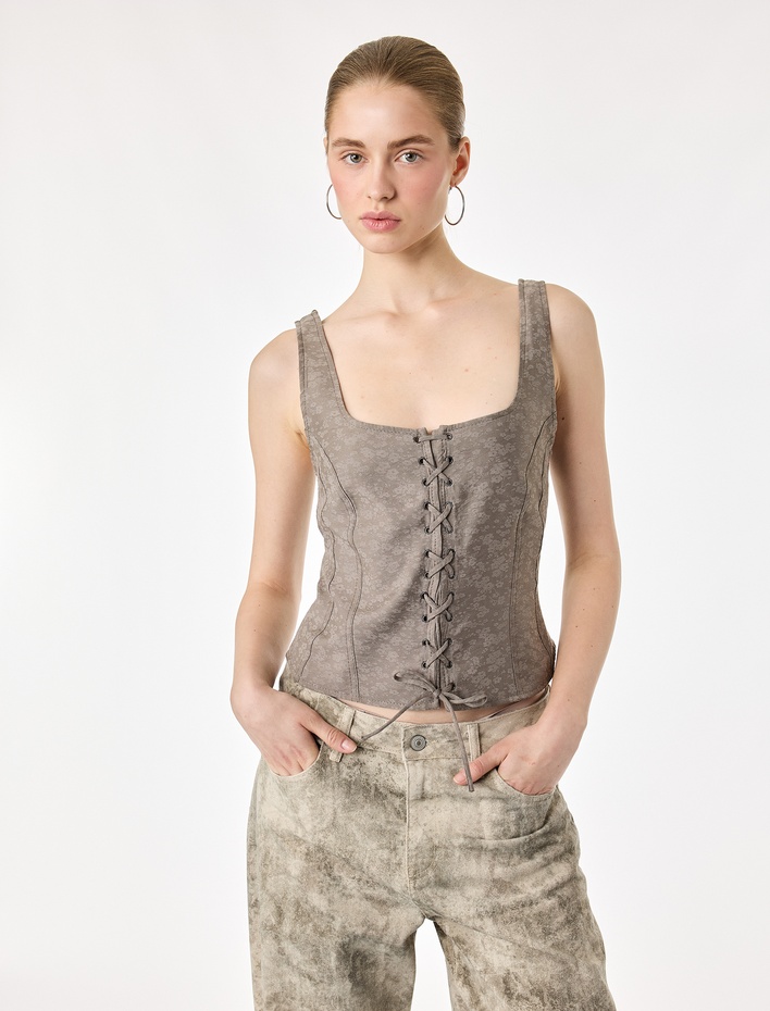  Modal Kumaş Slim Fit Bağlama Detaylı U Yaka Kolsuz Crop Korse Büstiyer