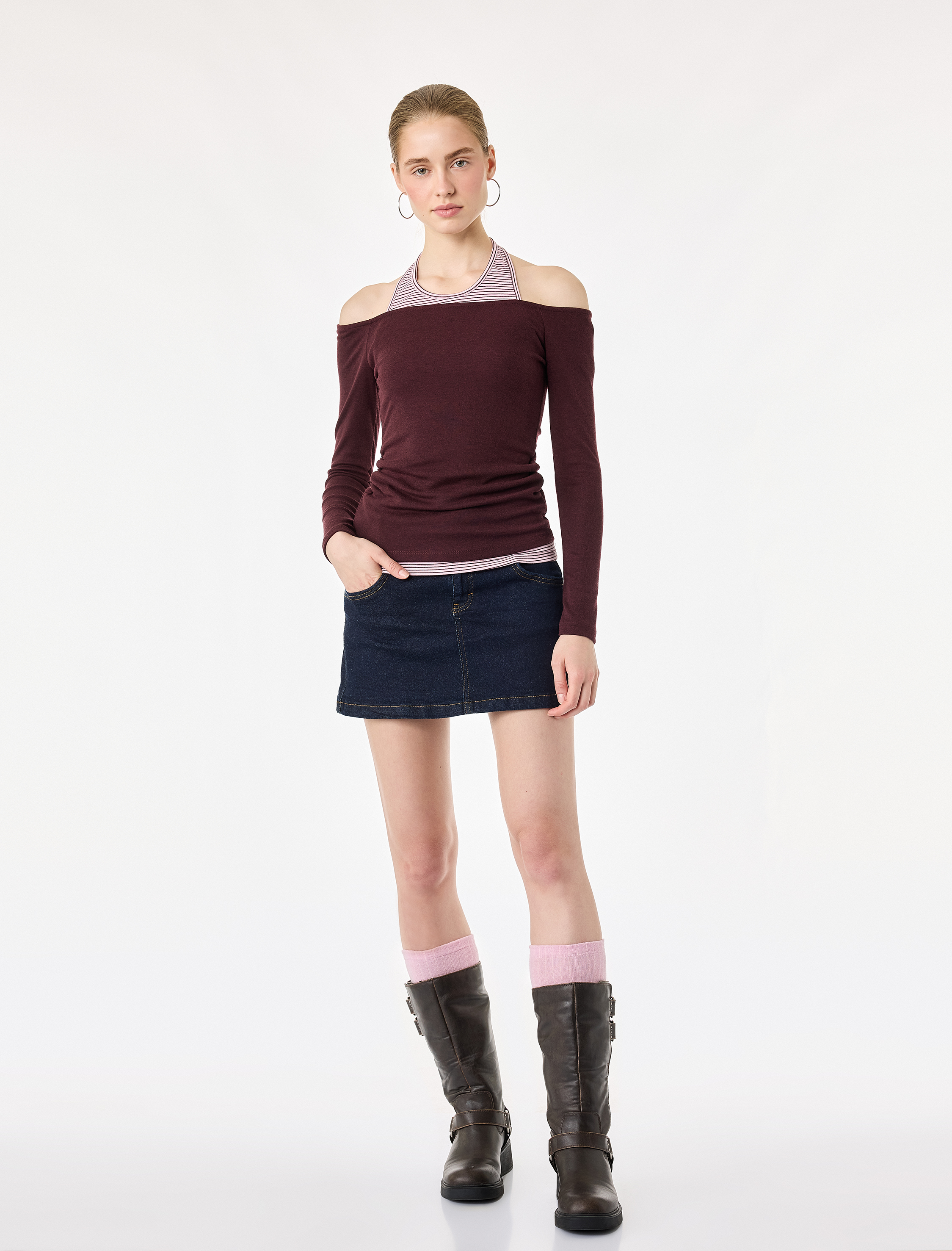 Koton Slim Fit Viskon Karışımlı Halter Yaka Uzun Kollu İkili Tişört görsel 2