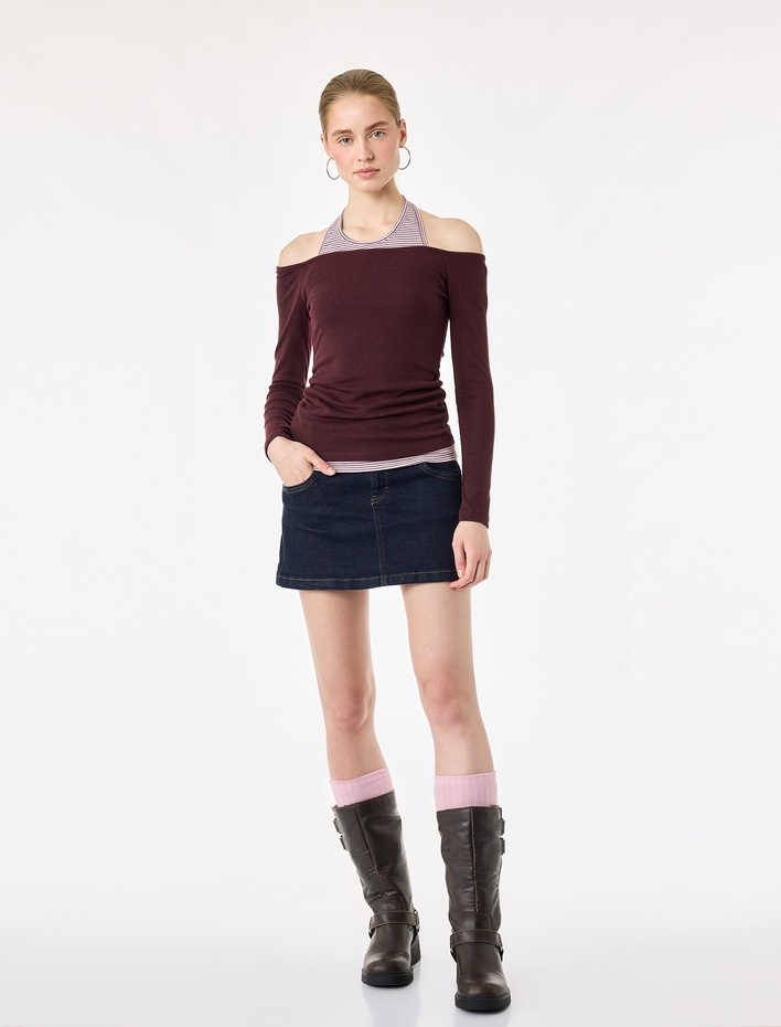  Slim Fit Viskon Karışımlı Halter Yaka Uzun Kollu İkili Tişört