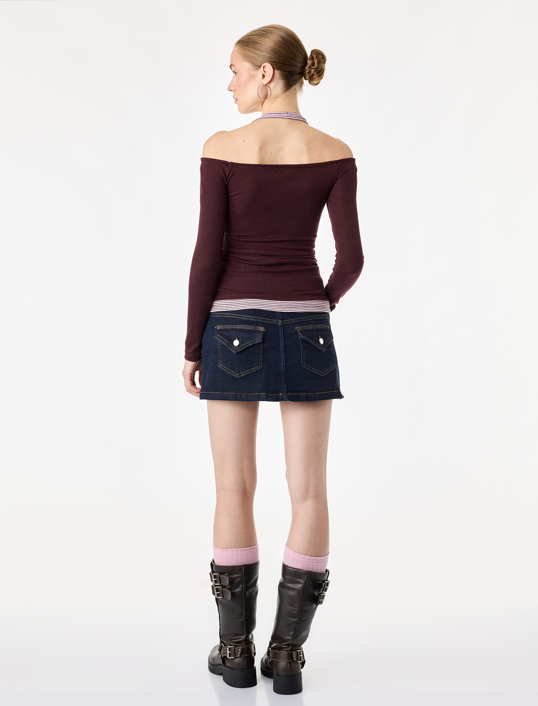 Koton Slim Fit Viskon Karışımlı Halter Yaka Uzun Kollu İkili Tişört görsel 4