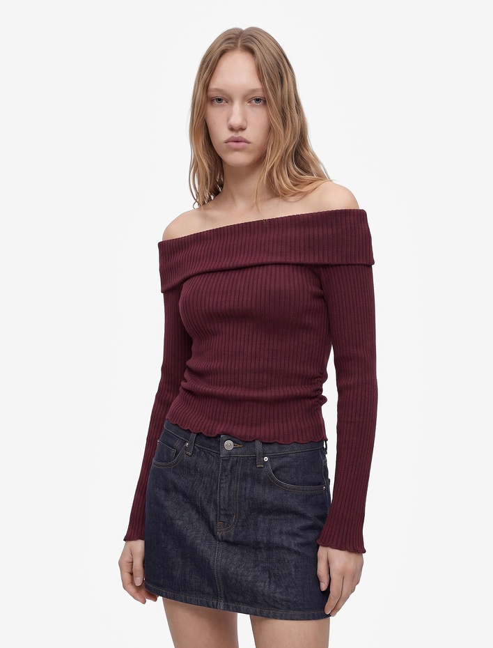  Büzgü Detaylı Slim Fit Kaşkorse Omzu Açık Uzun Kollu Tişört