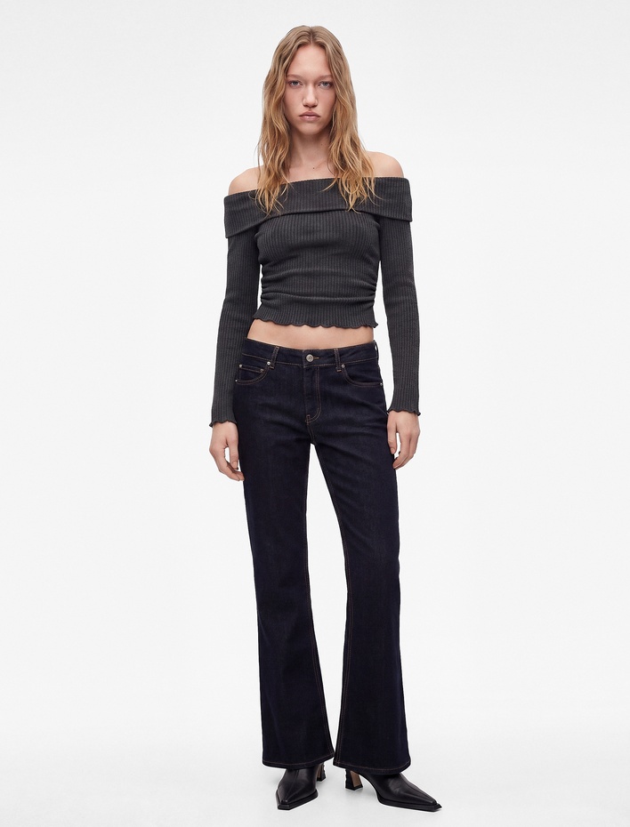  Büzgü Detaylı Slim Fit Kaşkorse Omzu Açık Uzun Kollu Tişört