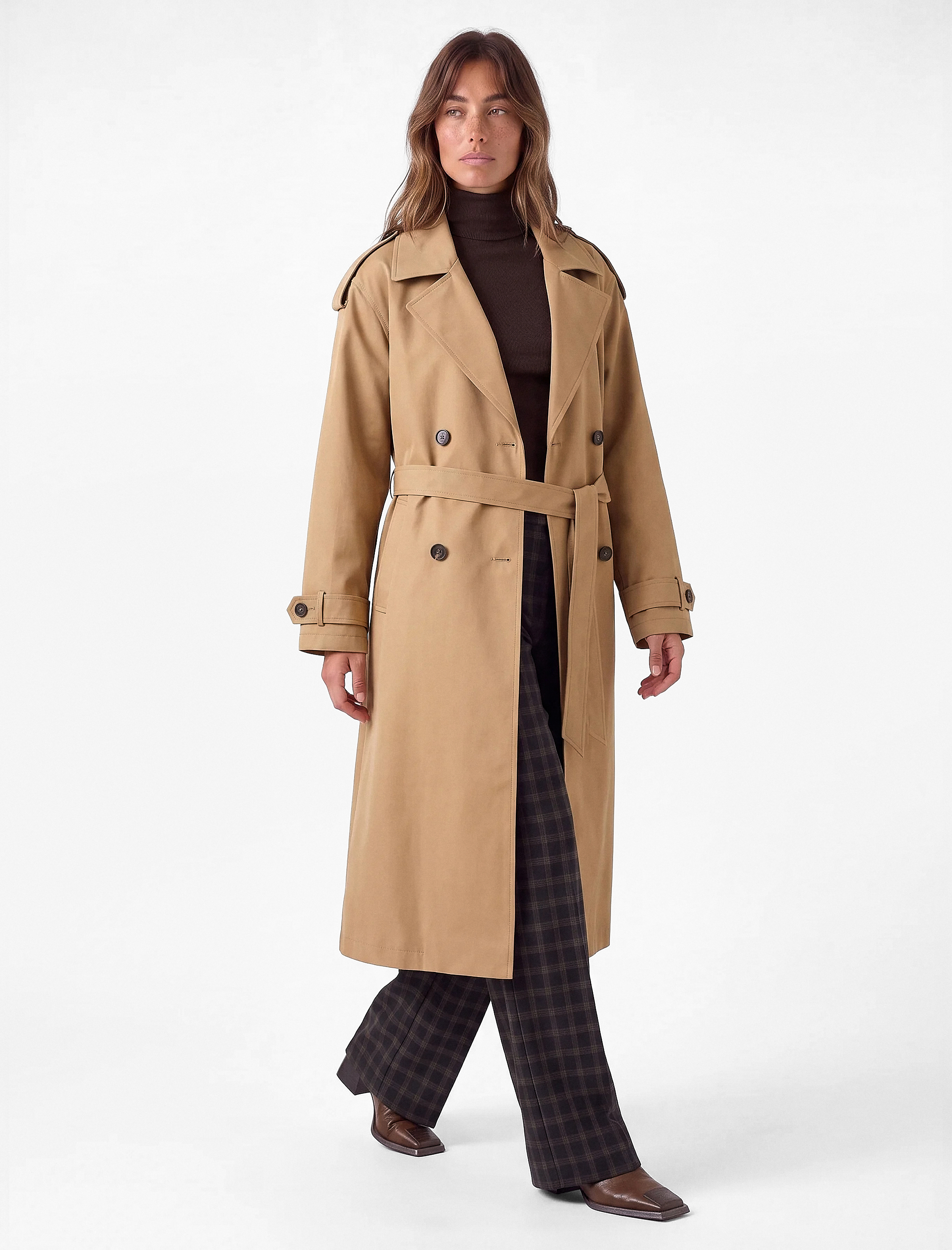 Koton Uzun Kollu Kemerli Çift Cepli Oversize Gabardin Kruvaze Trençkot görsel 3