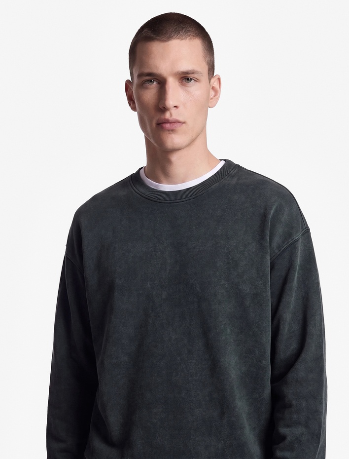  Uzun Kollu Üç İplik Yıkamalı Rahat Kalıp Pamuklu Bisiklet Yaka Sweatshirt