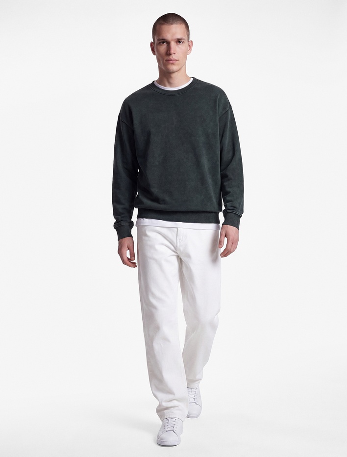  Uzun Kollu Üç İplik Yıkamalı Rahat Kalıp Pamuklu Bisiklet Yaka Sweatshirt