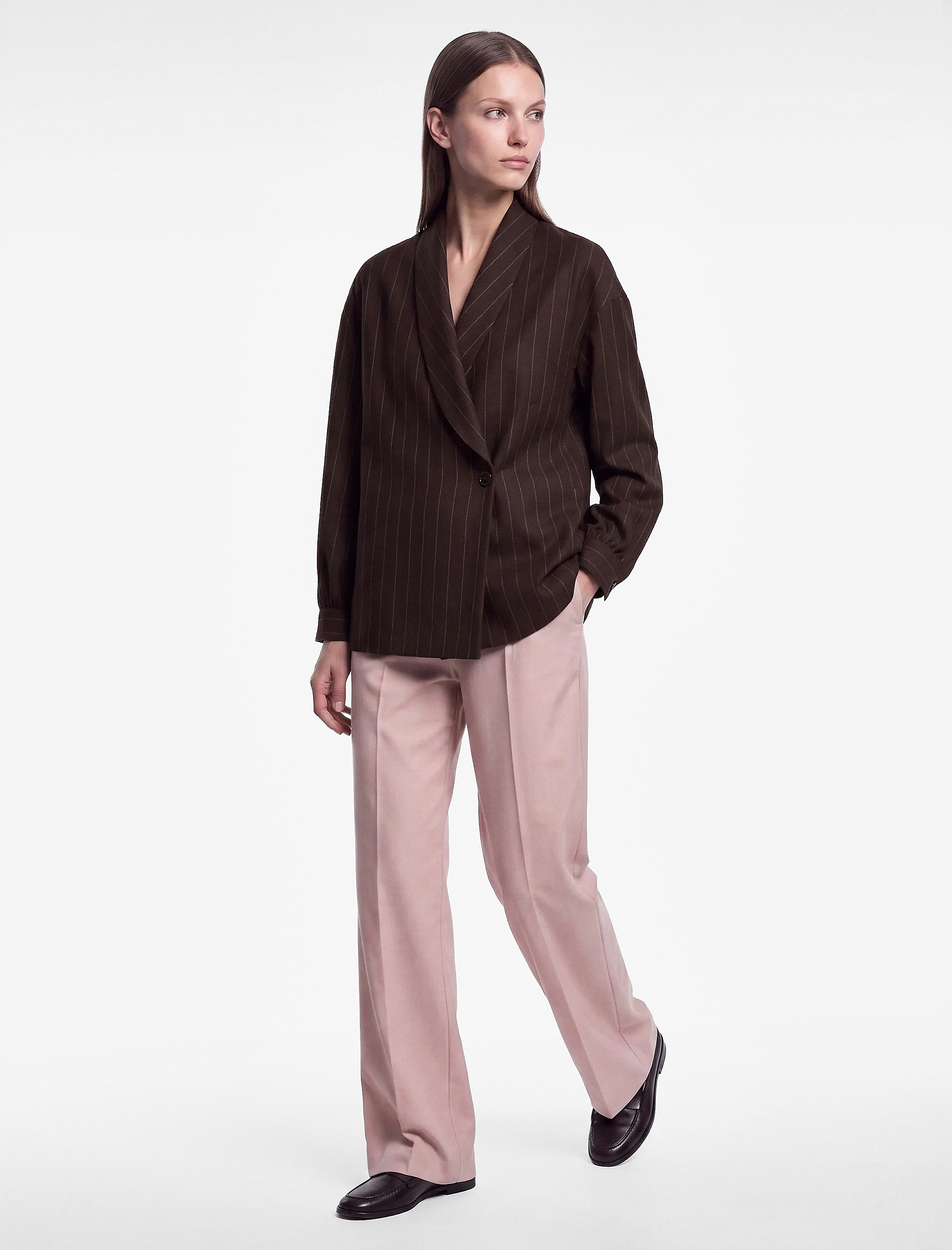   Regular Fit Düğmeli Uzun Kollu Çizgili Kruvaze Yaka Blazer Ceket