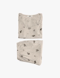 Kurdele Detaylı Baskılı Rahat Kalıp Kısa Kollu Örme Pijama Takımı