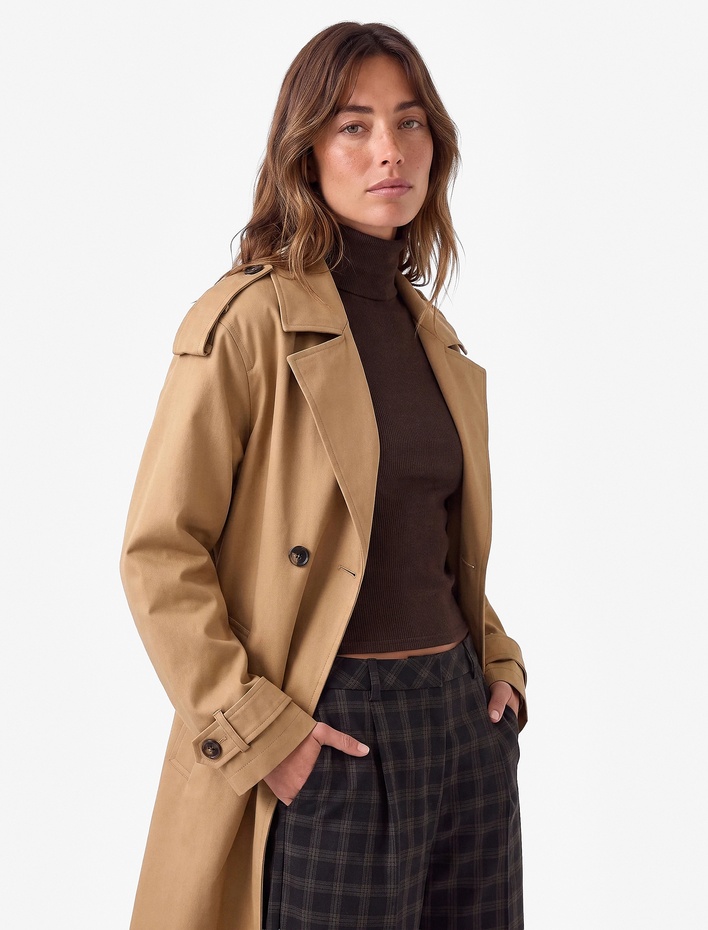  Uzun Kollu Kemerli Çift Cepli Oversize Gabardin Kruvaze Trençkot