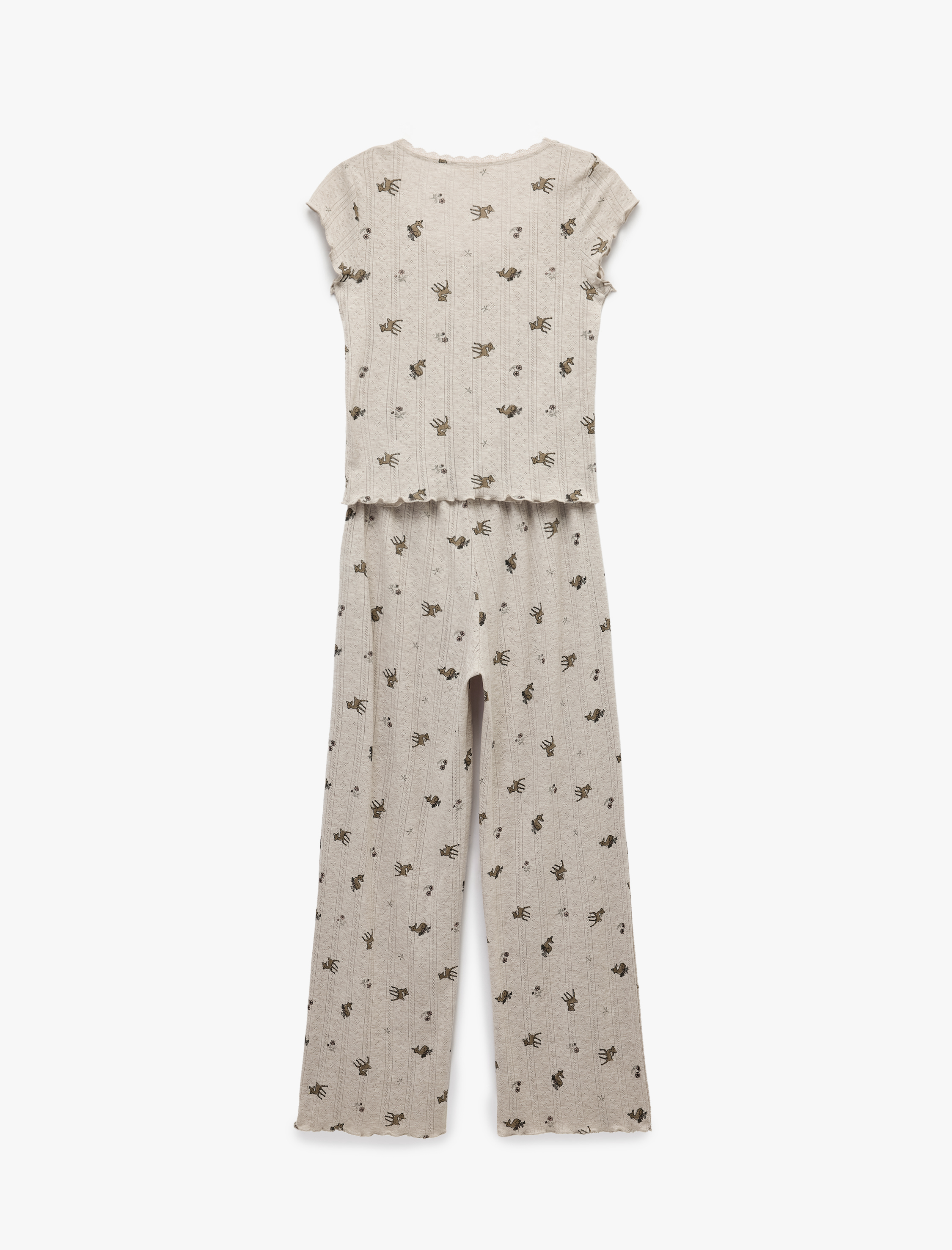 Koton Kurdele Detaylı Baskılı Rahat Kalıp Kısa Kollu Örme Pijama Takımı görsel 7
