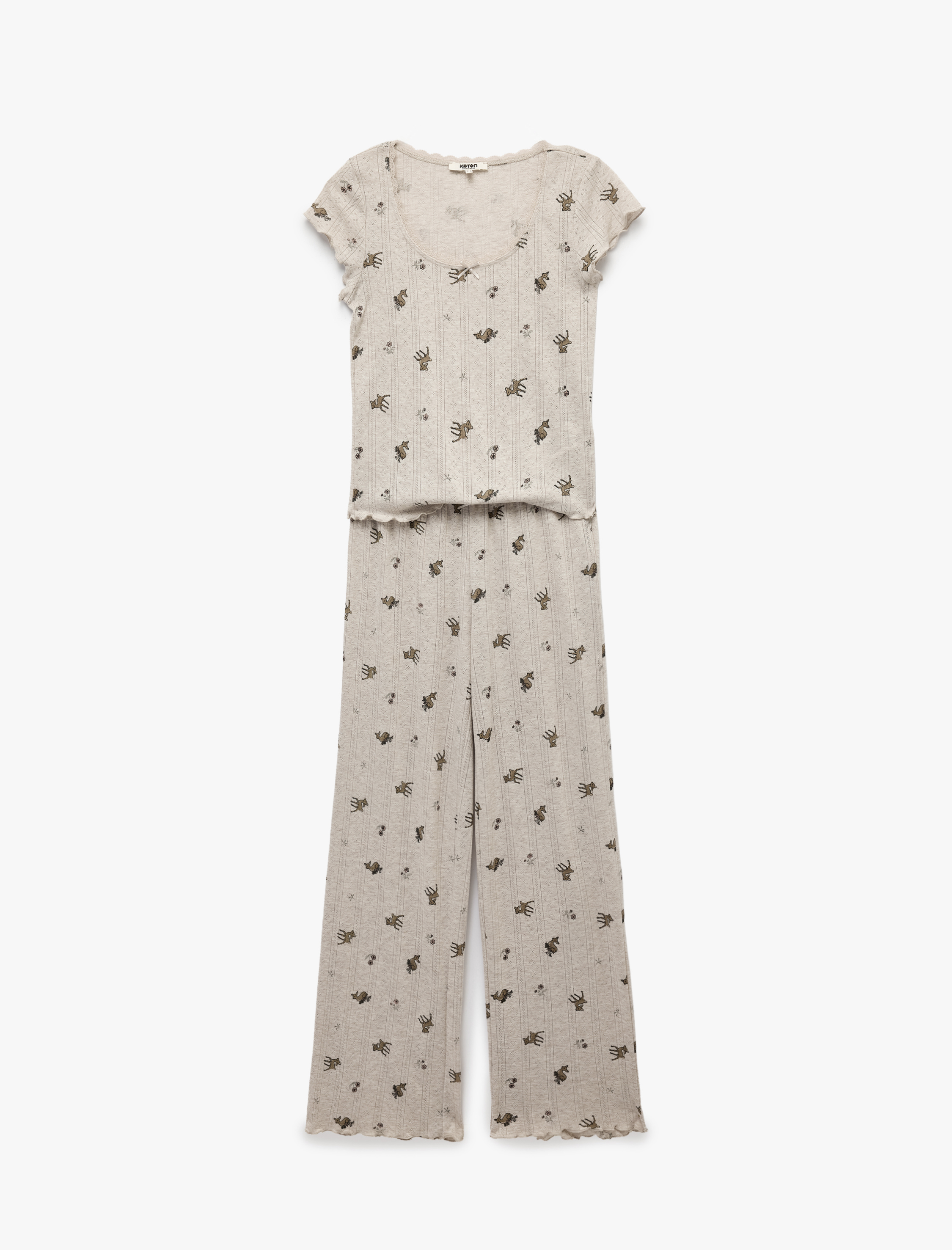 Koton Kurdele Detaylı Baskılı Rahat Kalıp Kısa Kollu Örme Pijama Takımı görsel 6