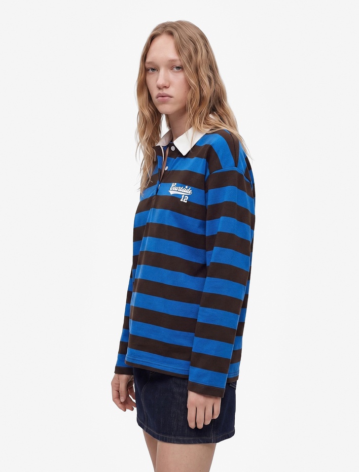  Şardonlu Düğmeli Rahat Kalıp Uzun Kollu Baskılı Polo Yaka Çizgili Sweatshirt