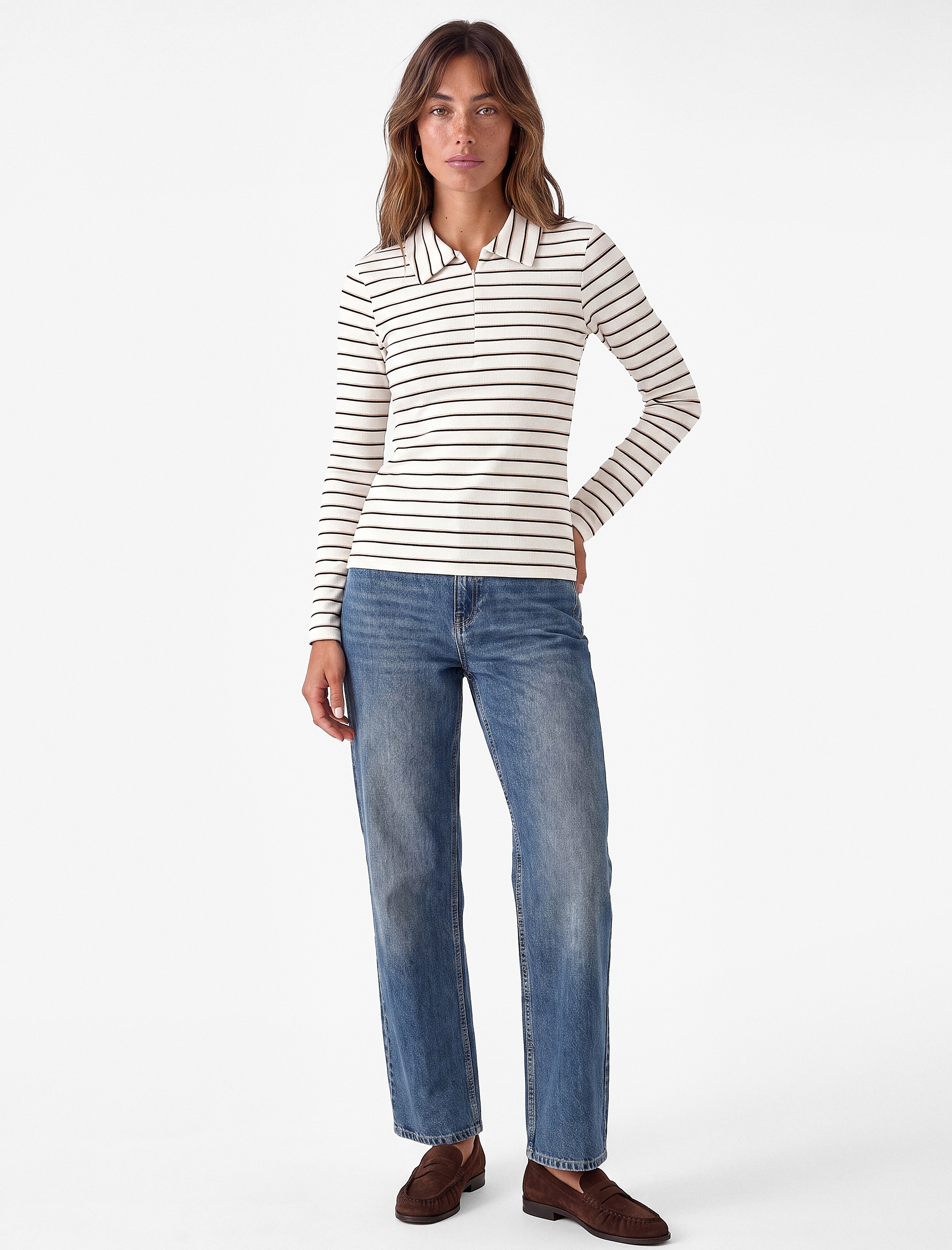 Koton Slim Fit Uzun Kollu Yarım Fermuar Detaylı Polo Yaka Çizgili Tişört