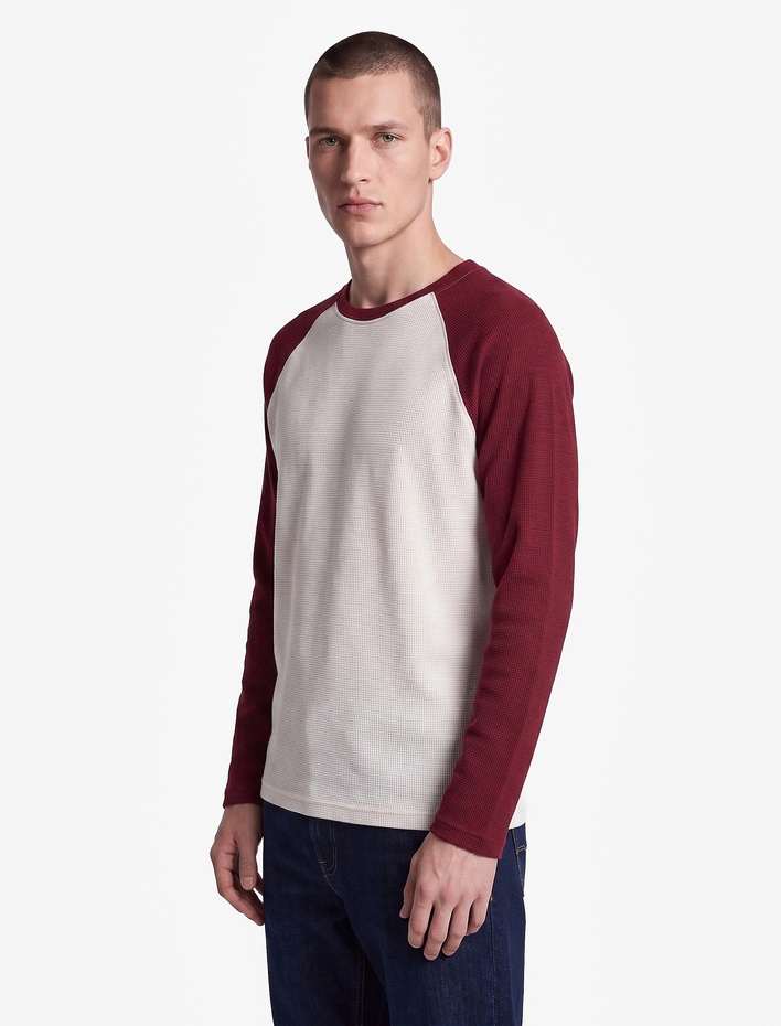  Pamuklu Waffle Dokulu Oversize Bisiklet Yaka Kontrastlı Uzun Reglan Kollu Tişört