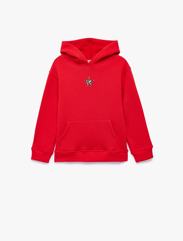 Kız Çocuk Yıldız Baskılı Uzun Kollu Şardonlu Kanguru Cepli Kapşonlu Sweatshirt
