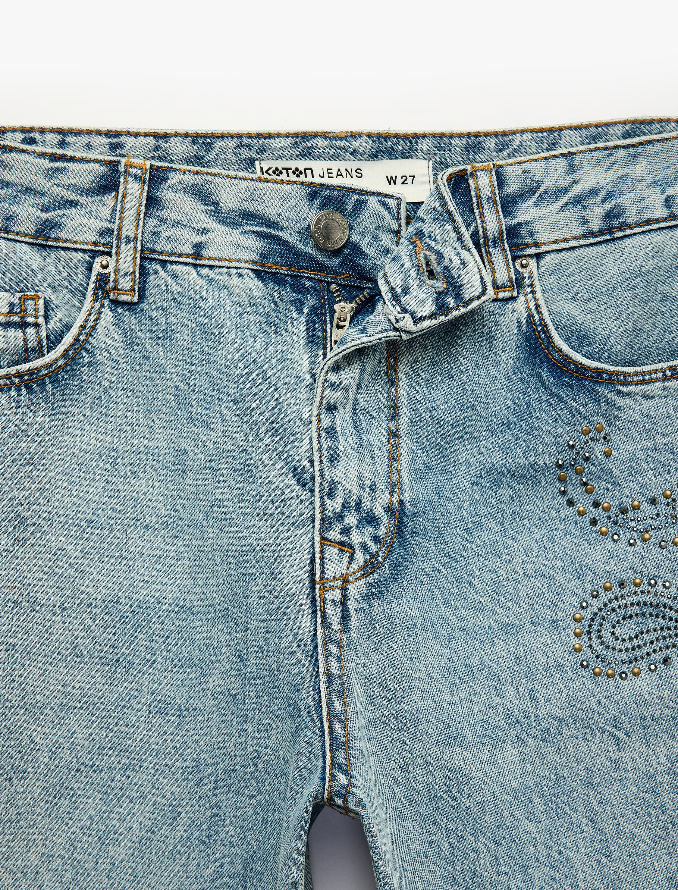  Taş Detaylı Düğmeli Yıkamalı Pamuklu Cepli Normal Bel Baggy Denim Pantolon - Baggy Jeans