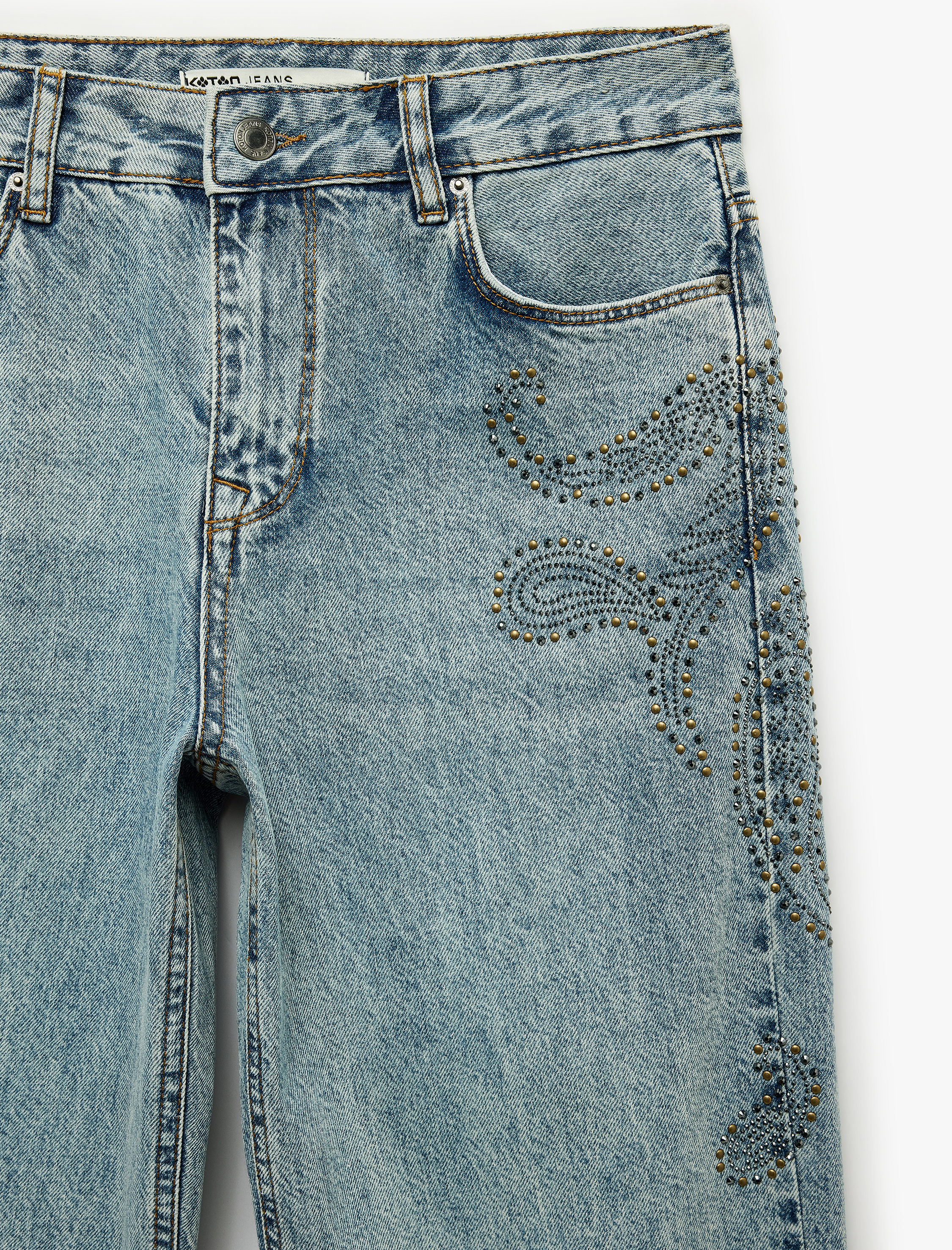   Taş Detaylı Düğmeli Yıkamalı Pamuklu Cepli Normal Bel Baggy Denim Pantolon - Baggy Jeans