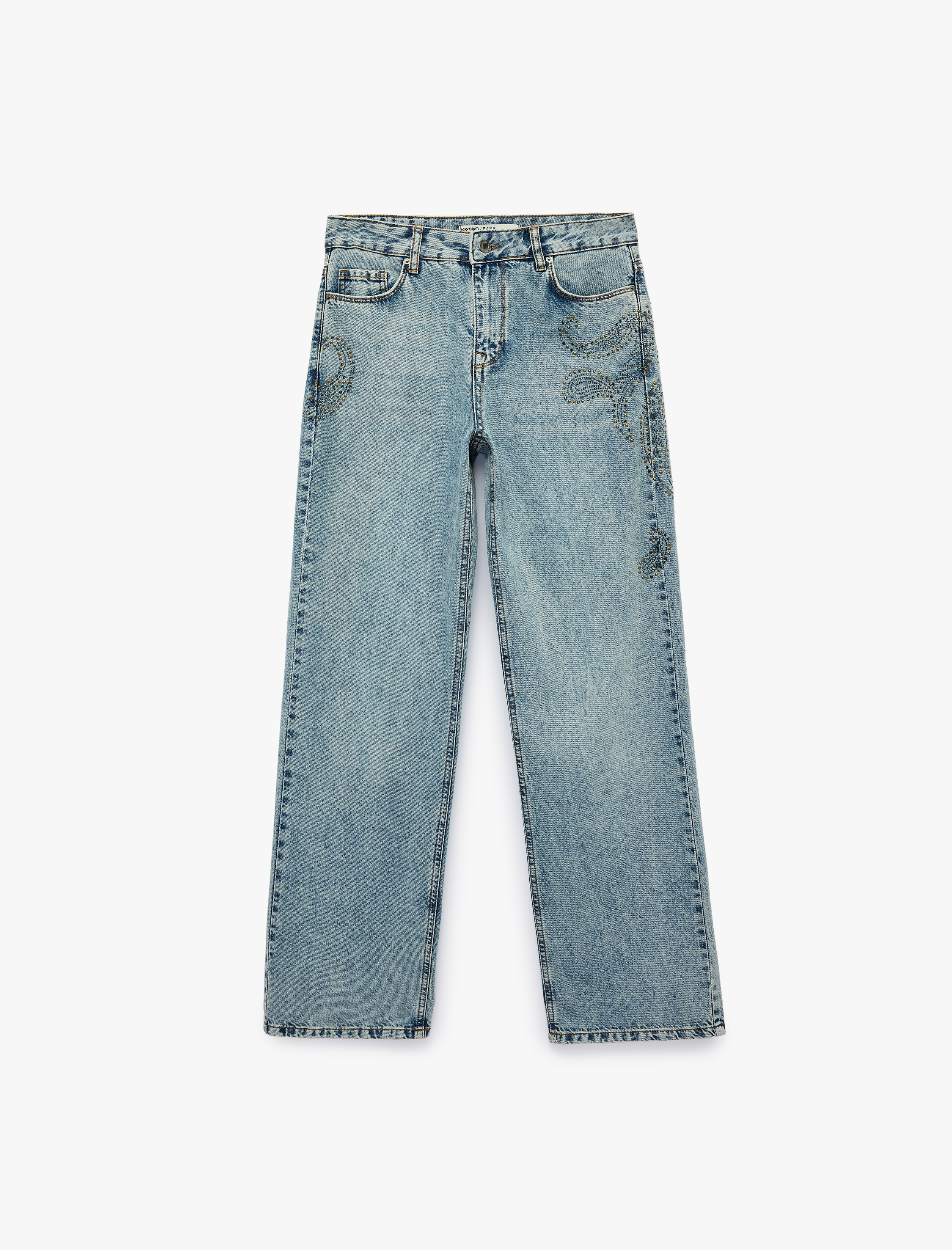   Taş Detaylı Düğmeli Yıkamalı Pamuklu Cepli Normal Bel Baggy Denim Pantolon - Baggy Jeans