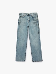 Taş Detaylı Düğmeli Yıkamalı Pamuklu Cepli Normal Bel Baggy Denim Pantolon - Baggy Jeans