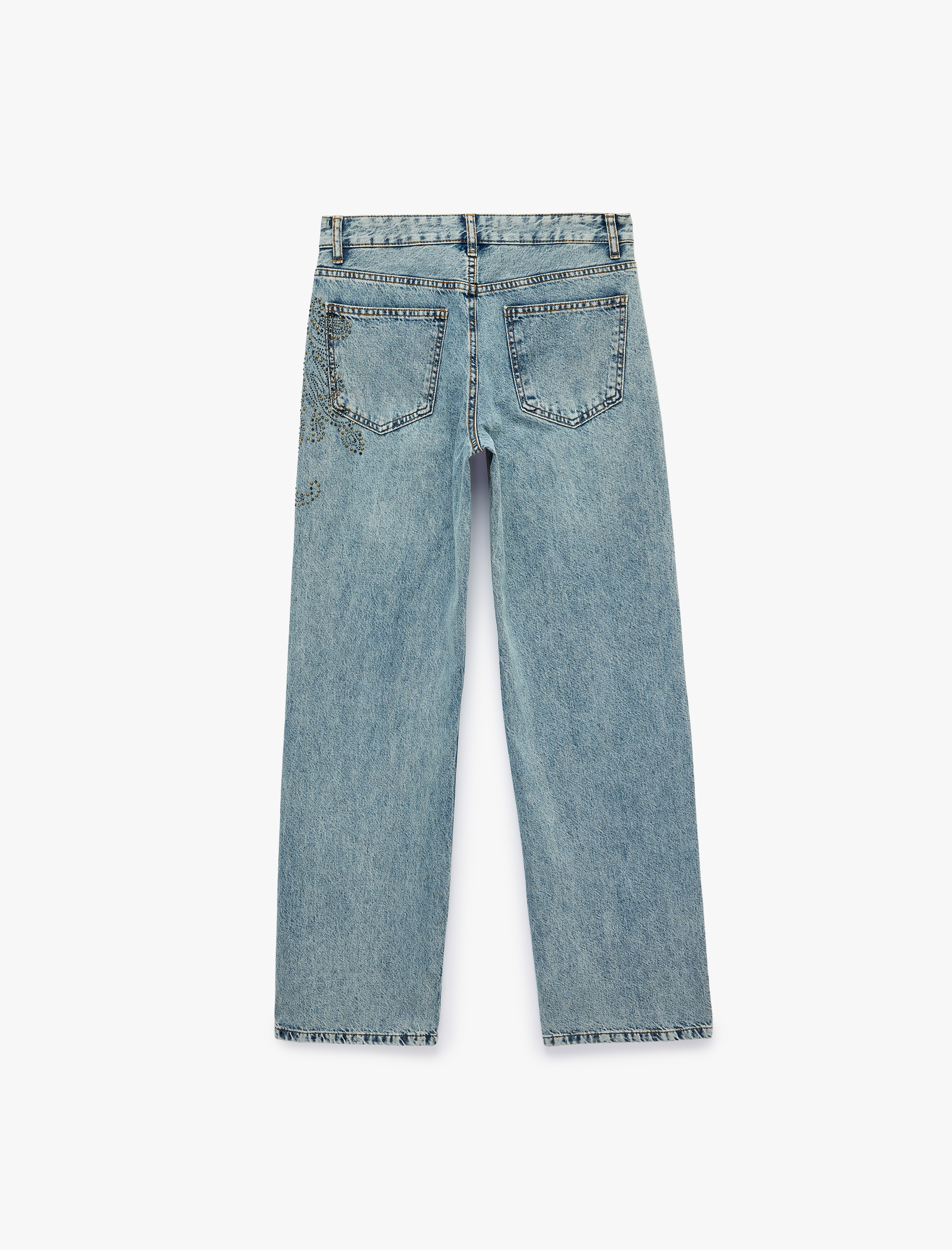   Taş Detaylı Düğmeli Yıkamalı Pamuklu Cepli Normal Bel Baggy Denim Pantolon - Baggy Jeans