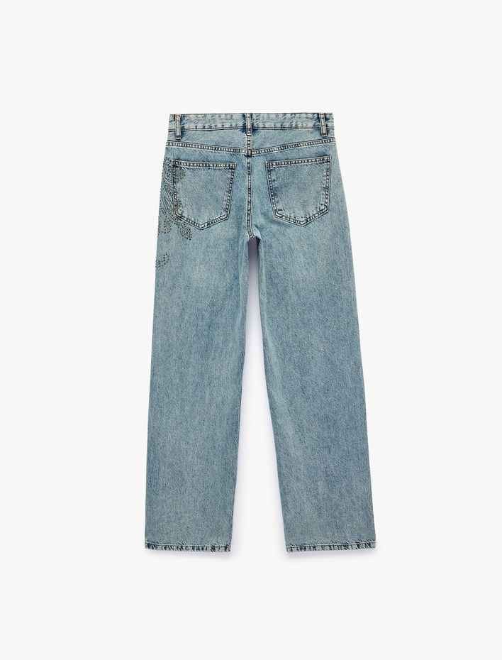  Taş Detaylı Düğmeli Yıkamalı Pamuklu Cepli Normal Bel Baggy Denim Pantolon - Baggy Jeans