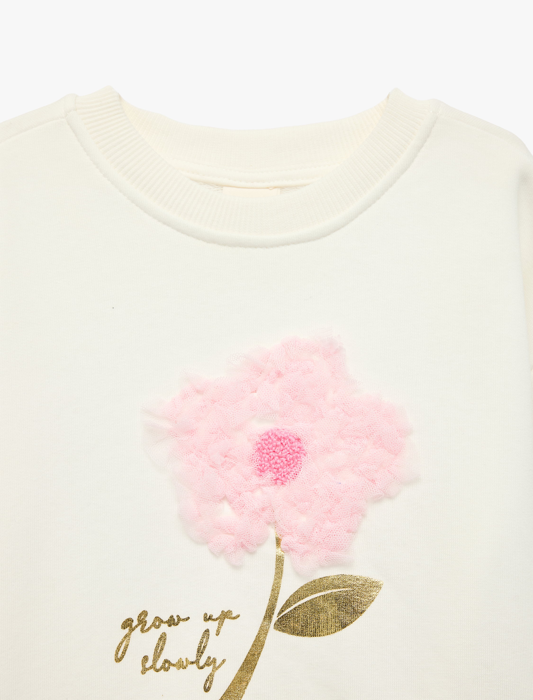  Kız Bebek Çiçek Aplikeli Uzun Kollu Bisiklet Yaka Sweatshirt