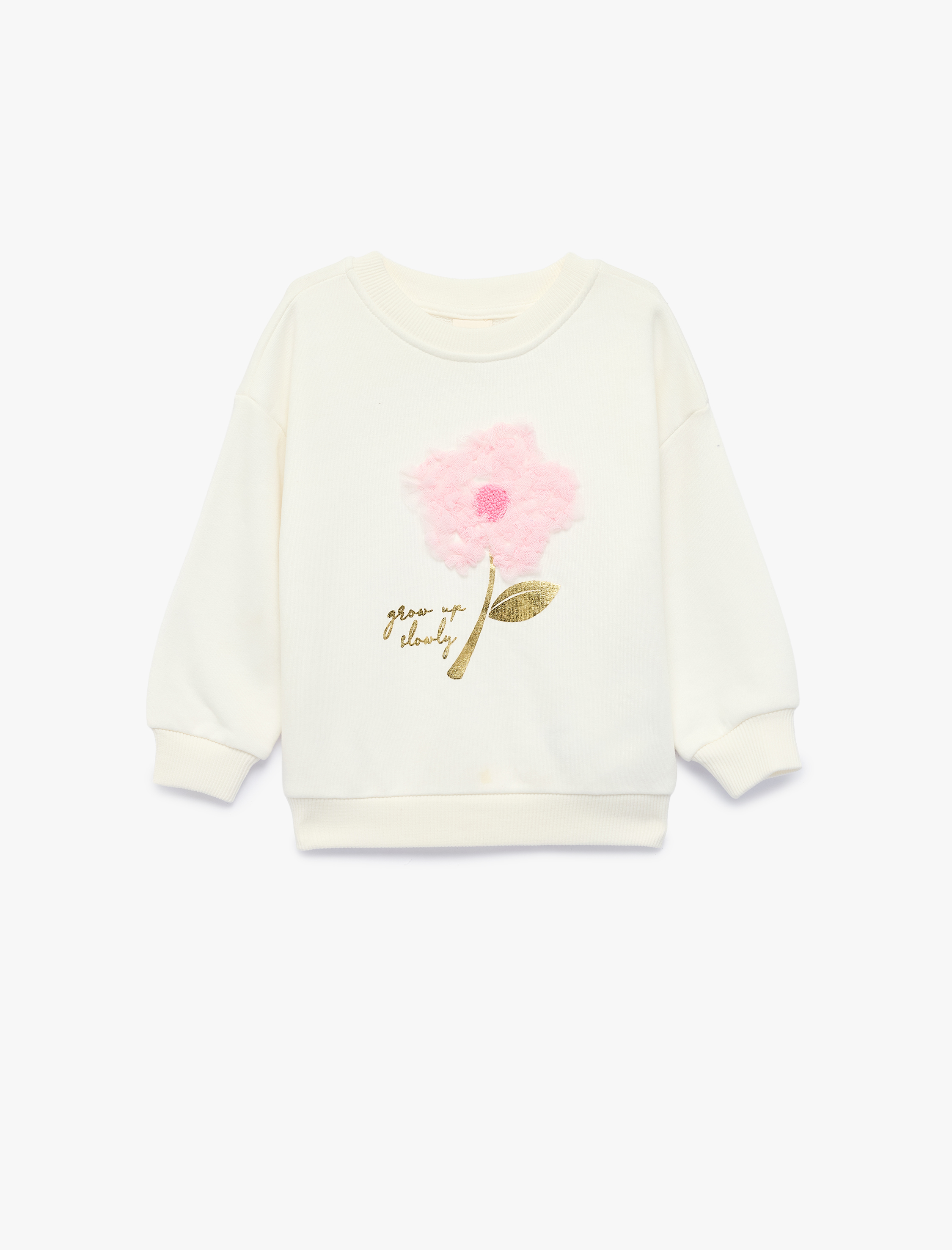  Kız Bebek Çiçek Aplikeli Uzun Kollu Bisiklet Yaka Sweatshirt