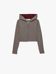 Slim Fit Uzun Kollu Ekose Desenli Fermuarlı Kapüşonlu Sweatshirt