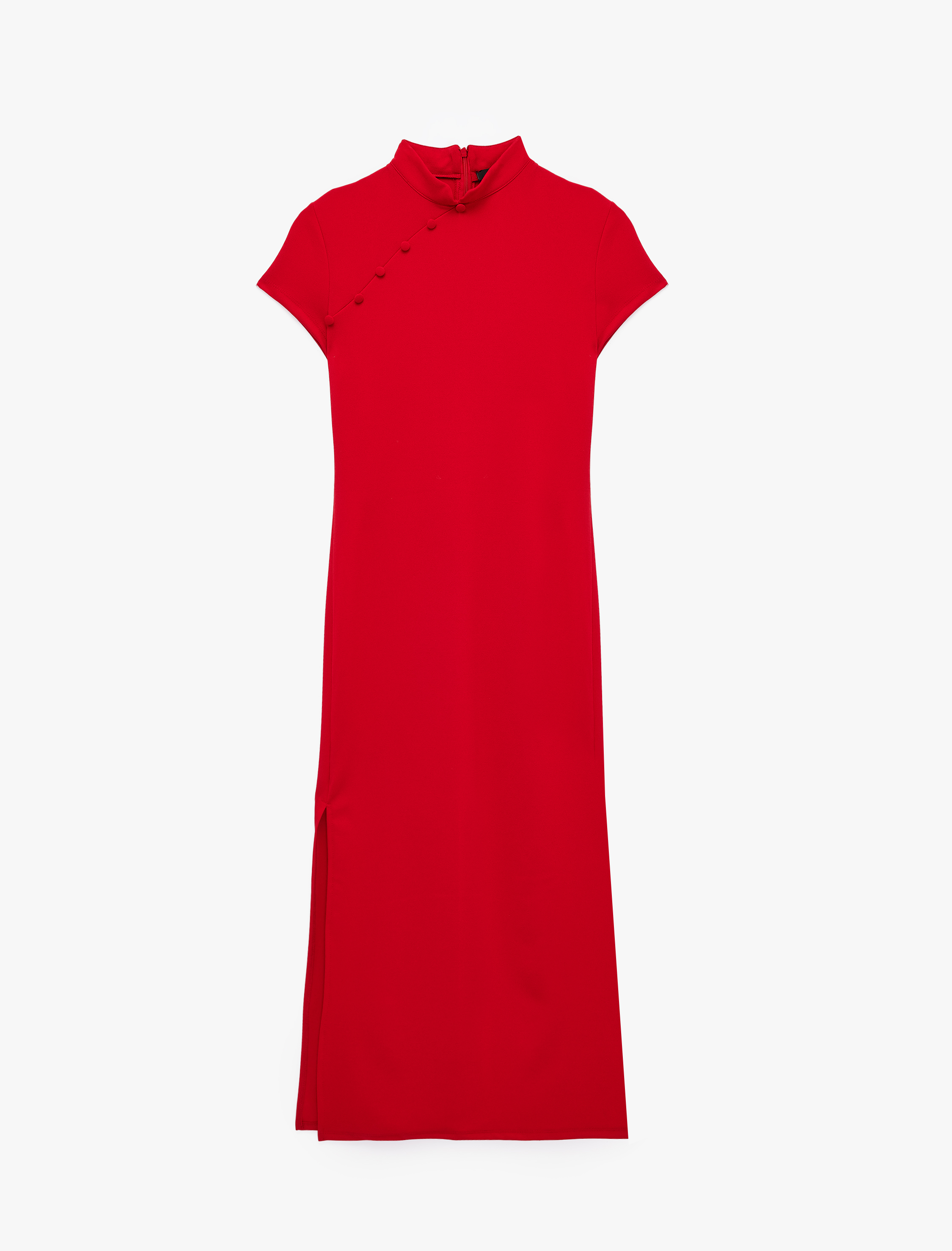   Krep Kumaş Mandarin Qipao Yaka Kısa Kollu Düğmeli Bodycon Midi Elbise