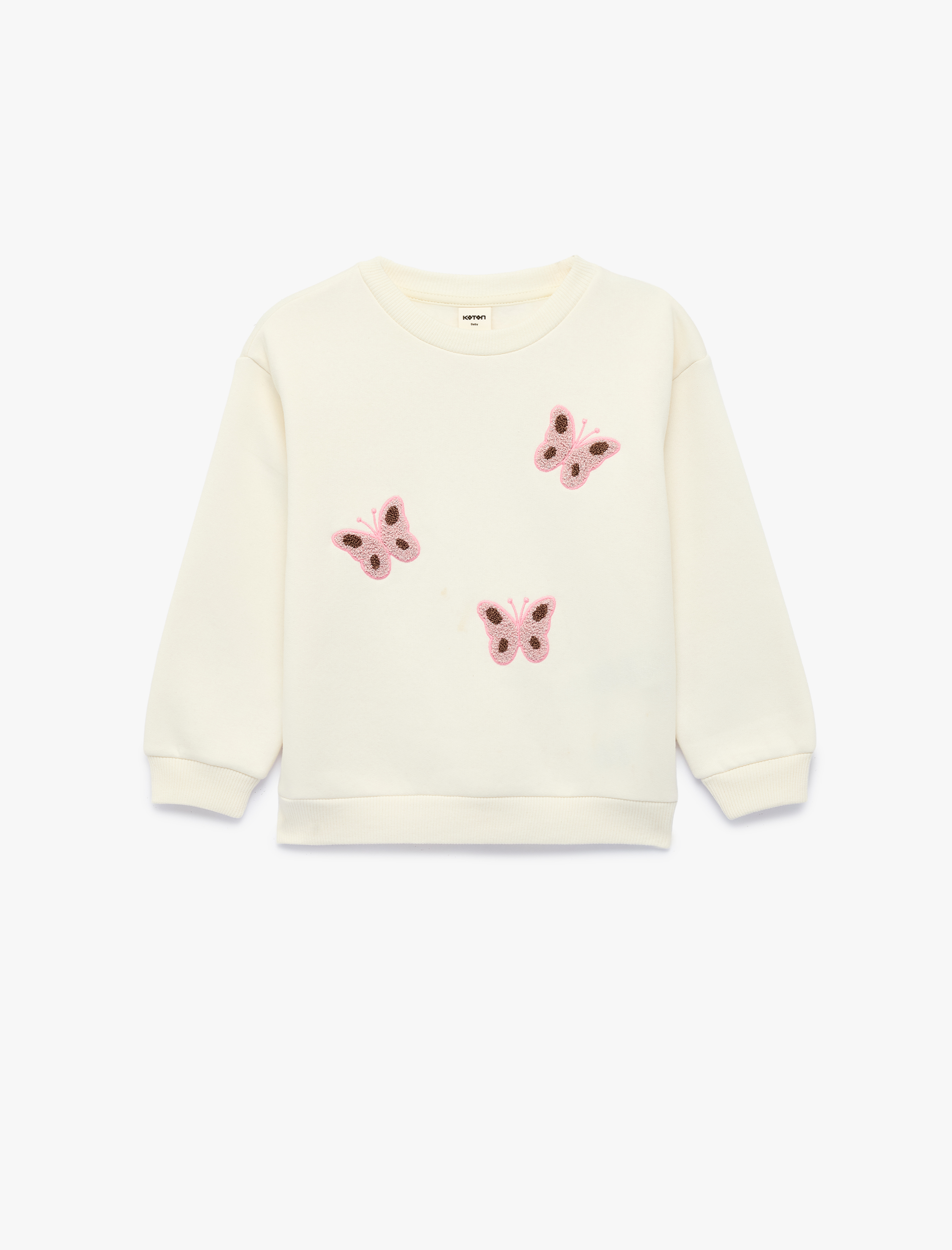  Kız Bebek Kelebek Nakış Detaylı Bisiklet Yaka Uzun Kollu Şardonlu Sweatshirt