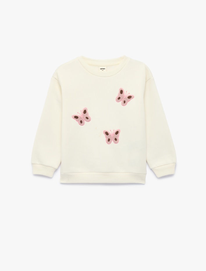Kız Bebek Kelebek Nakış Detaylı Bisiklet Yaka Uzun Kollu Şardonlu Sweatshirt