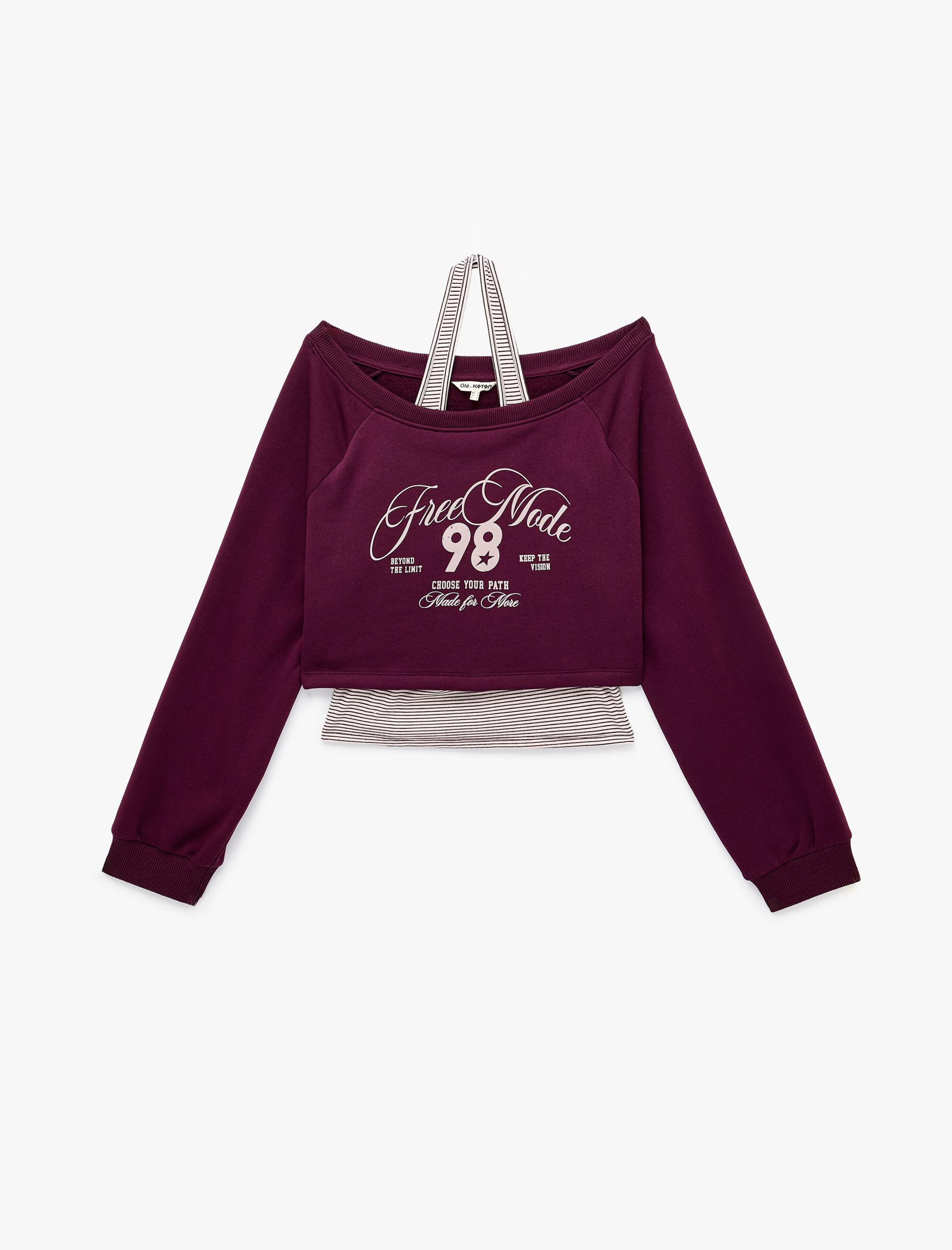 Koton Rahat Kalıp Halter Yaka Katmanlı Uzun Reglan Kollu Baskılı Çizgili Sweatshirt