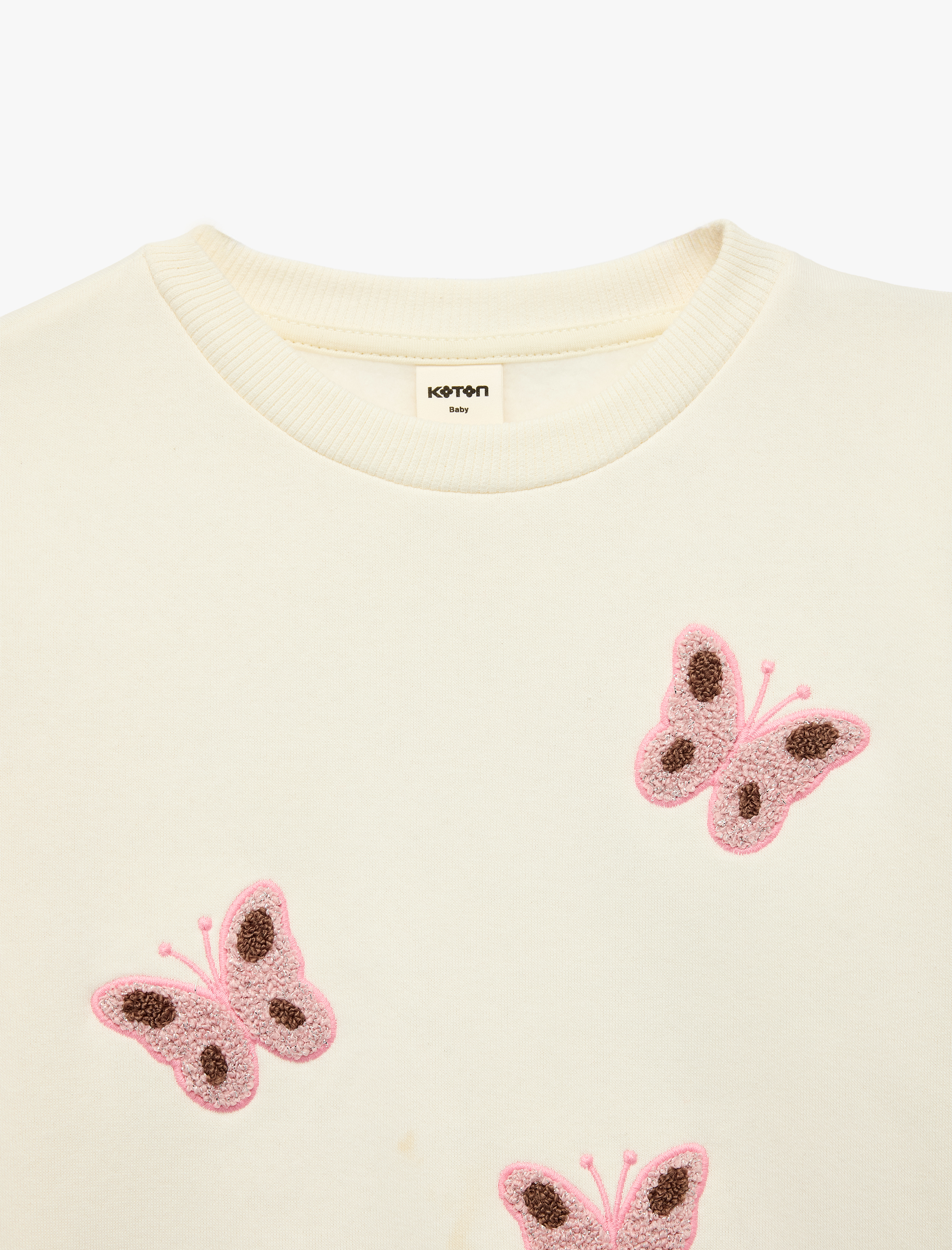  Kız Bebek Kelebek Nakış Detaylı Bisiklet Yaka Uzun Kollu Şardonlu Sweatshirt
