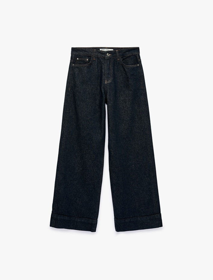  Pamuklu Cepli Düğmeli Geniş Paça Denim Pantolon -  Wide Leg Jeans