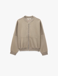 Rahat Kalıp Şardonlu Bomber Yaka Nervürlü Uzun Kollu Fermuarlı Sweatshirt