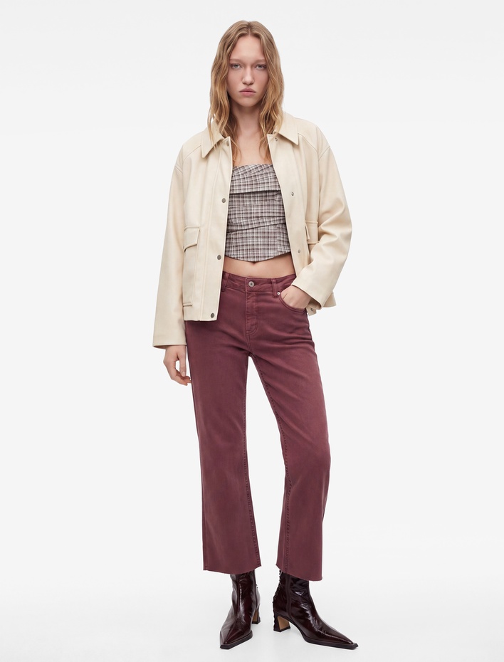  Pamuklu Dar Kalıp Düğmeli Cepli İspanyol Paça Crop Jean Pantolon -  Kick Flare Jeans