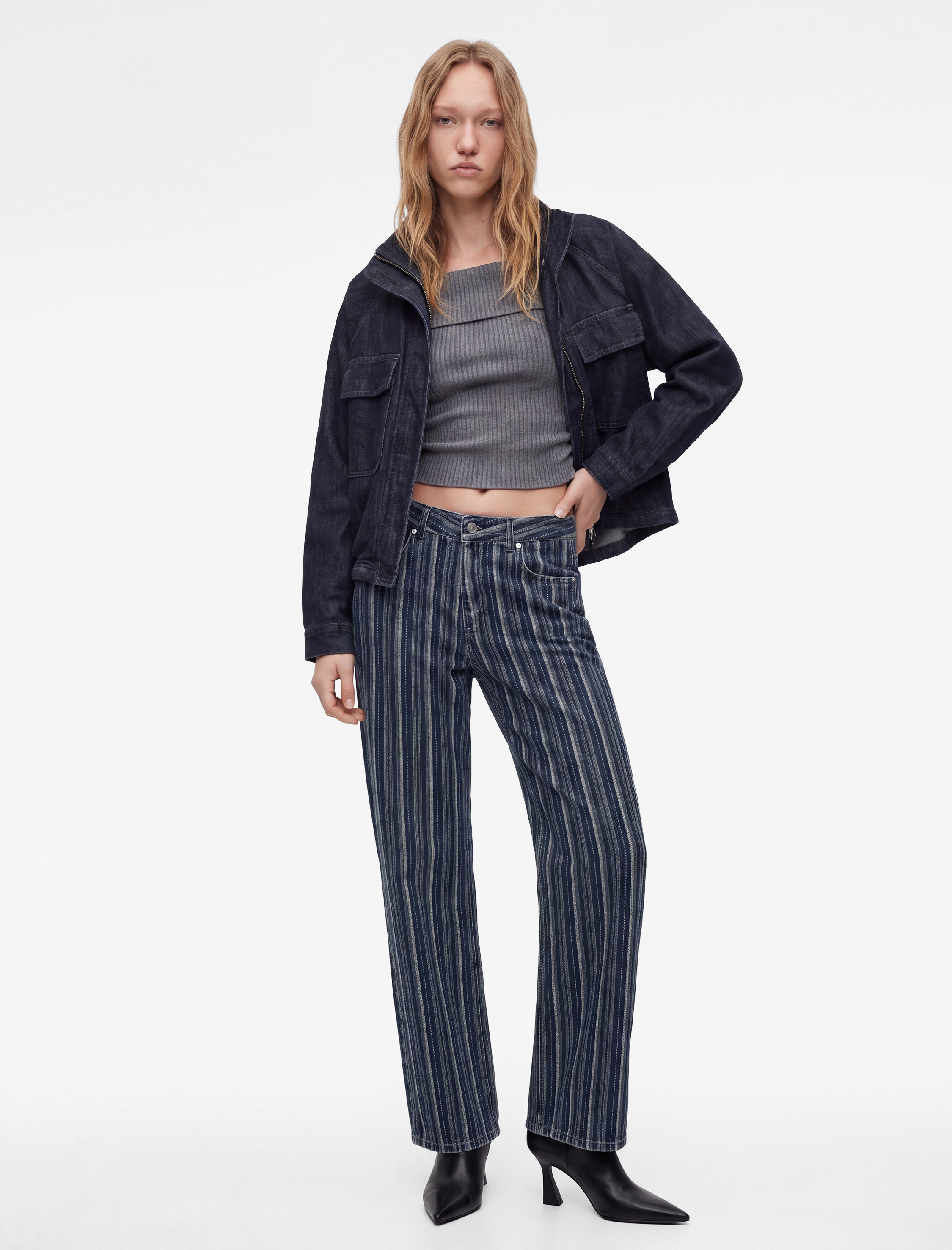 Koton Pamuklu Normal Bel Cepli Uzun Düz Paça Çizgili Denim Pantolon - Straight Fit Jean