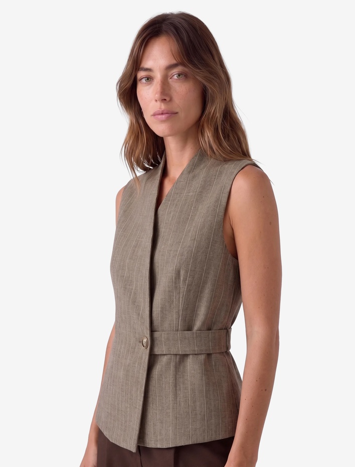  Slim Fit Düğmeli Kemer Detaylı Kruvaze Yaka Kolsuz Çizgili Yelek