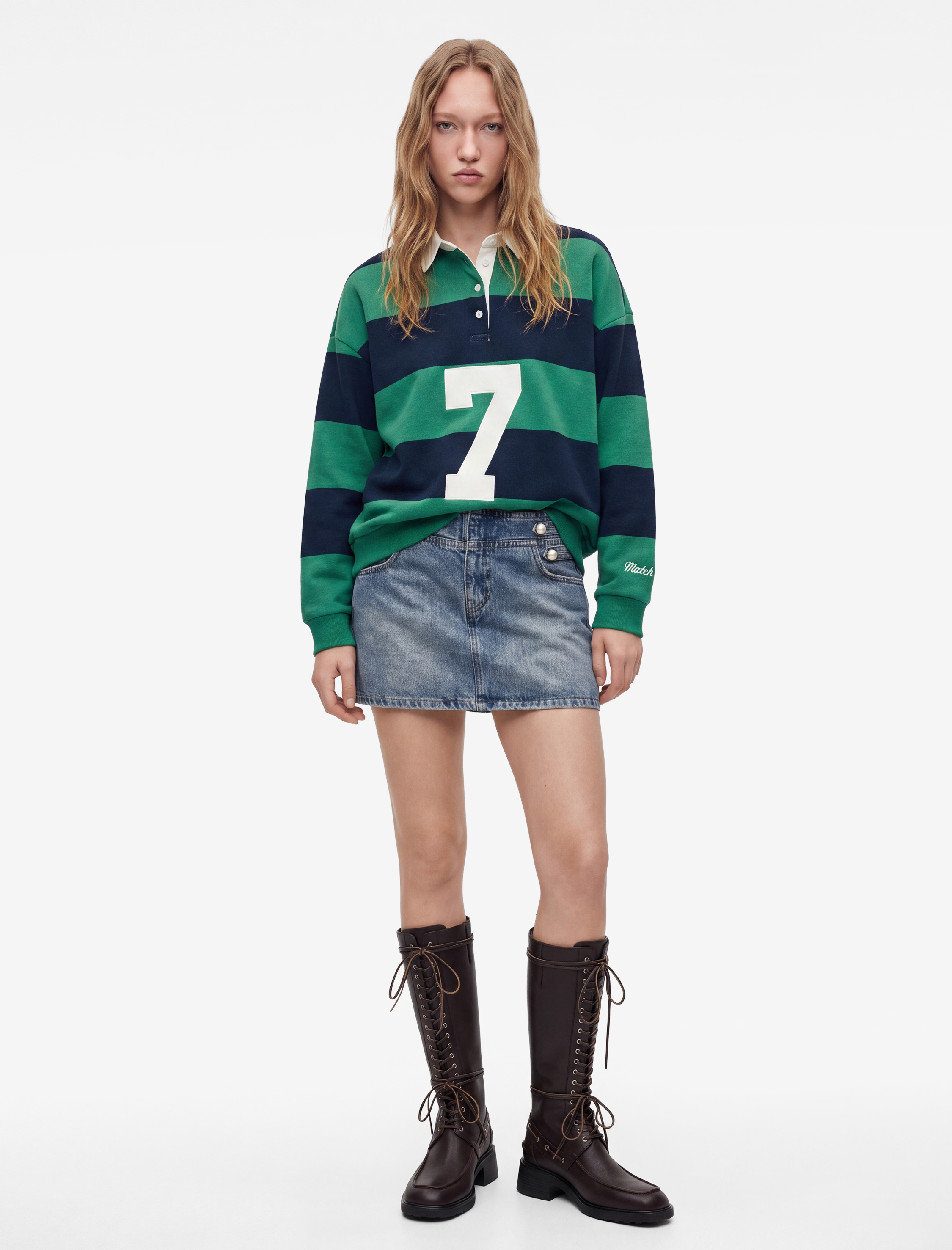   Rahat Kalıp Şardonlu Uzun Kollu Baskılı Çizgili Polo Yaka Sweatshirt