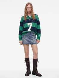 Rahat Kalıp Şardonlu Uzun Kollu Baskılı Çizgili Polo Yaka Sweatshirt
