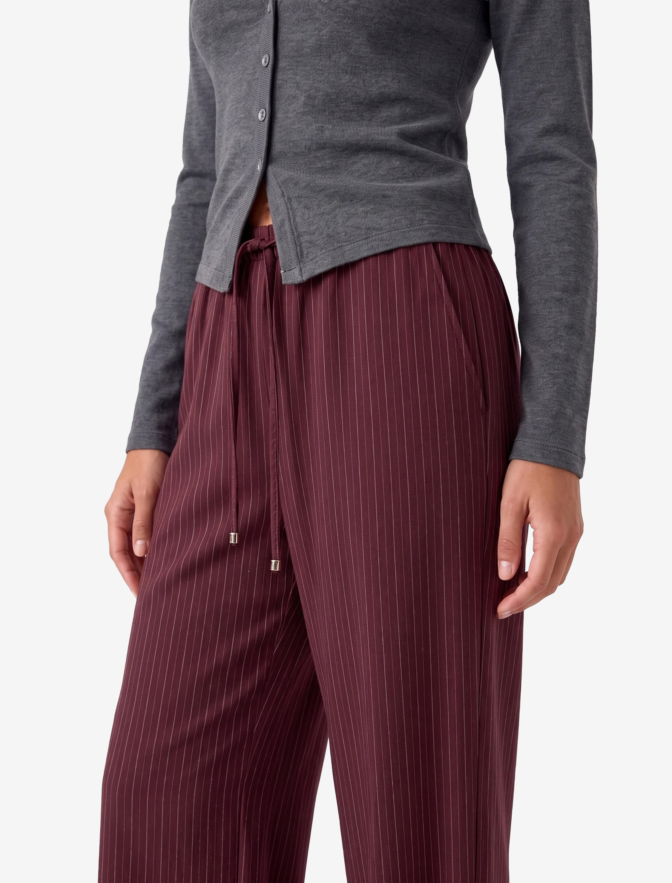 Koton Beli Bağcıklı Yan Cepli Düz Geniş Paça Çizgili Pantolon görsel 4