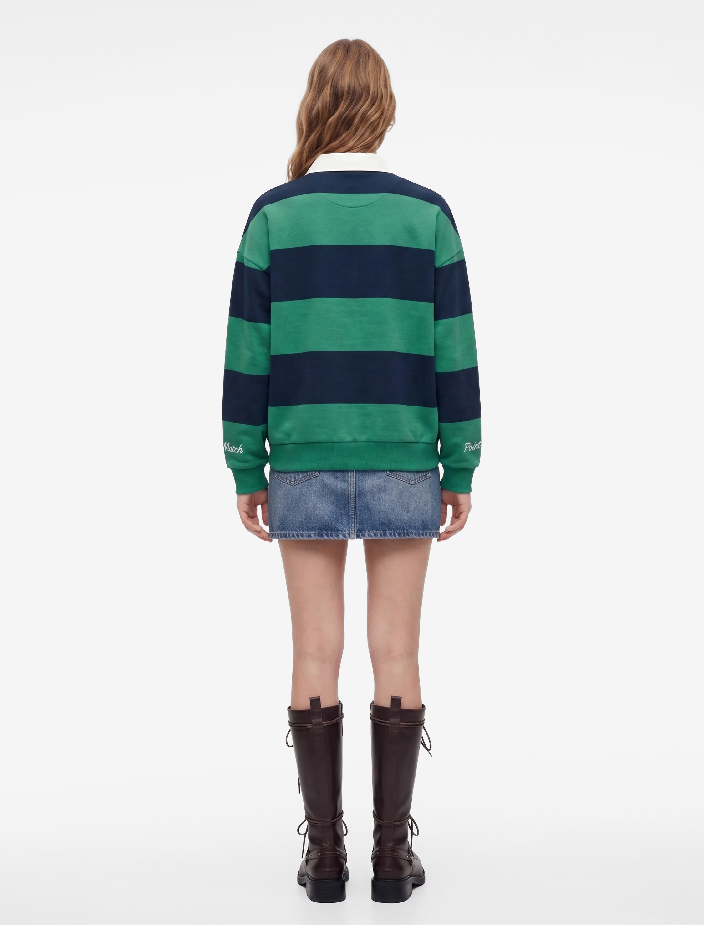   Rahat Kalıp Şardonlu Uzun Kollu Baskılı Çizgili Polo Yaka Sweatshirt