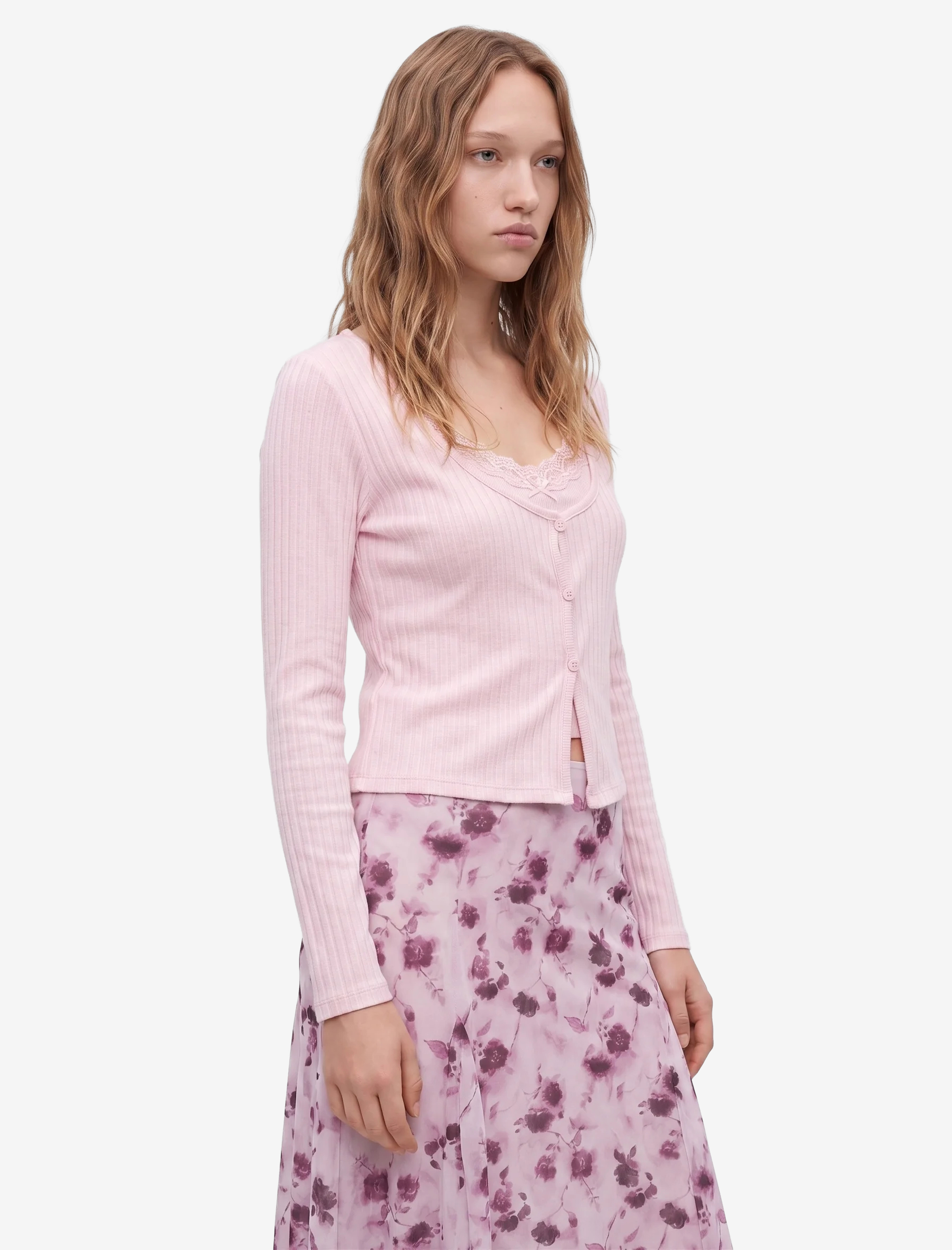 Koton İkili Katmanlı Dantel Detaylı Slim Fit Kaşkorse Bisiklet Yaka Uzun Kollu Tişört görsel 2