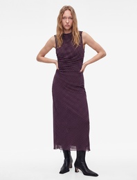 Slim Fit Bisiklet Yaka Kolsuz Drapeli Puantiyeli Uzun Tül Elbise