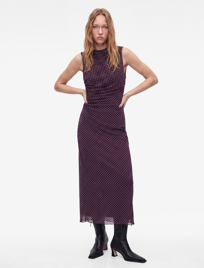  Slim Fit Bisiklet Yaka Kolsuz Drapeli Puantiyeli Uzun Tül Elbise