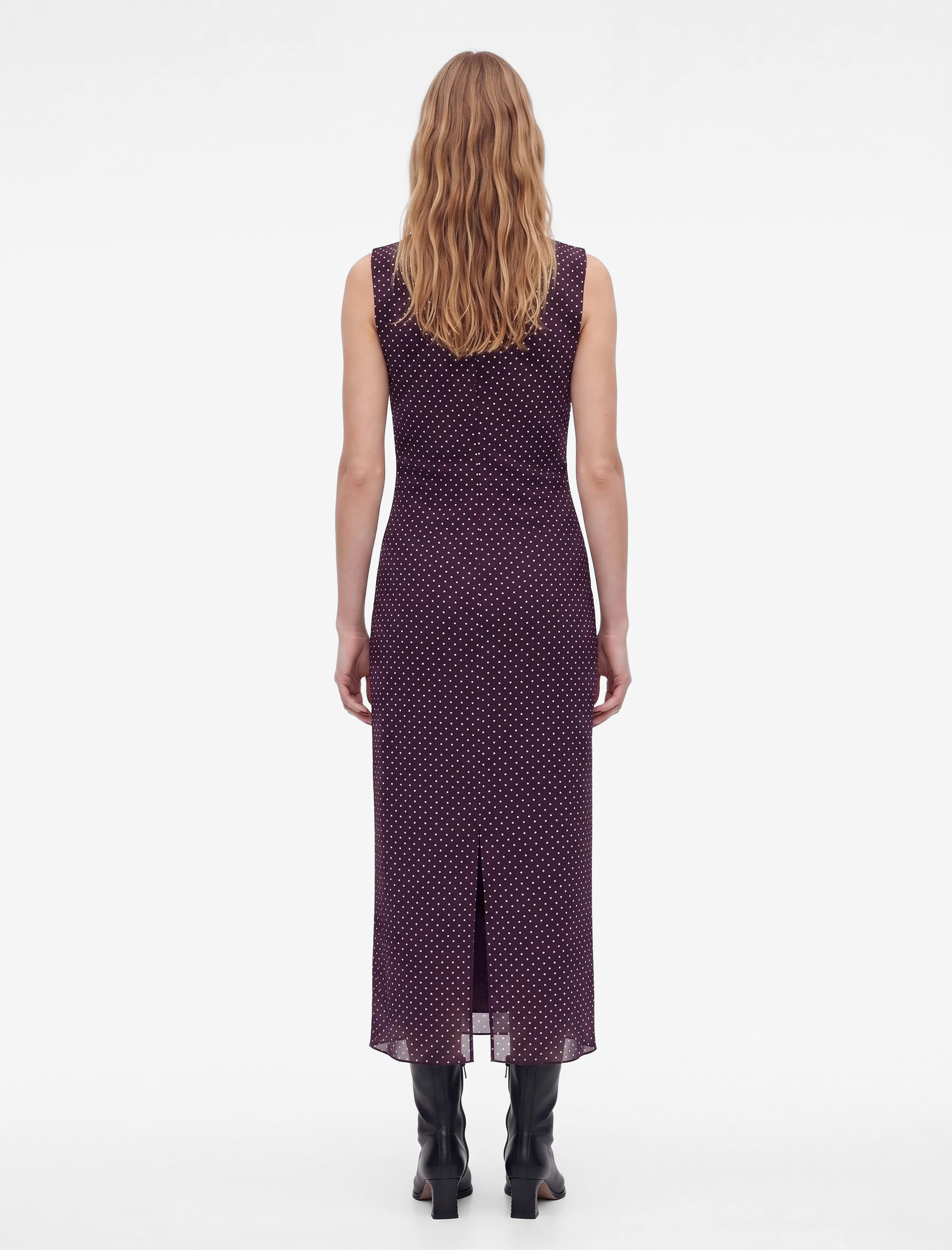   Slim Fit Bisiklet Yaka Kolsuz Drapeli Puantiyeli Uzun Tül Elbise